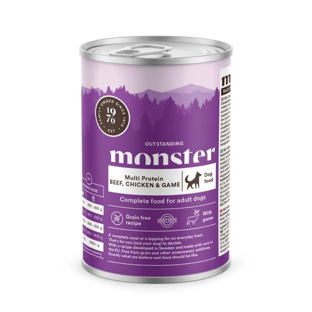 Monster Dog Multi Protein Beef, Chicken & Game, säilykeruoka 400g